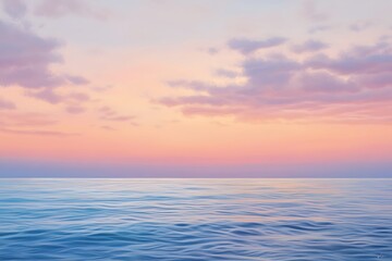 Obraz premium Serene ocean view at sunset with soft pastel colors in the sky.