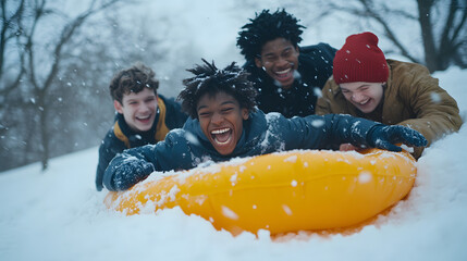 A group of teenagers laughing as they push each other on sleds down a snowy hill.