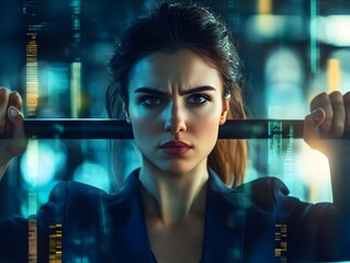 Confident Businesswoman in Futuristic Office Overlooking Data Streams with Intense Expression and Focused Stance, Symbolizing Power and Determination in Corporate Environment