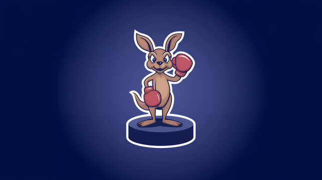 An emblem with a cute kangaroo wearing boxing gloves and standing on a podium. Cartoon flat comics style illustration of a sport logo 