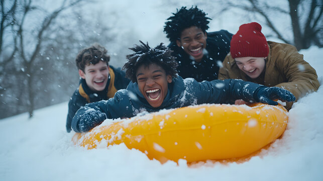 A group of teenagers laughing as they push each other on sleds down a snowy hill.