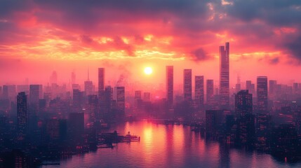Fototapeta premium A vibrant sunset over a city skyline reflected in the water, showcasing urban beauty.