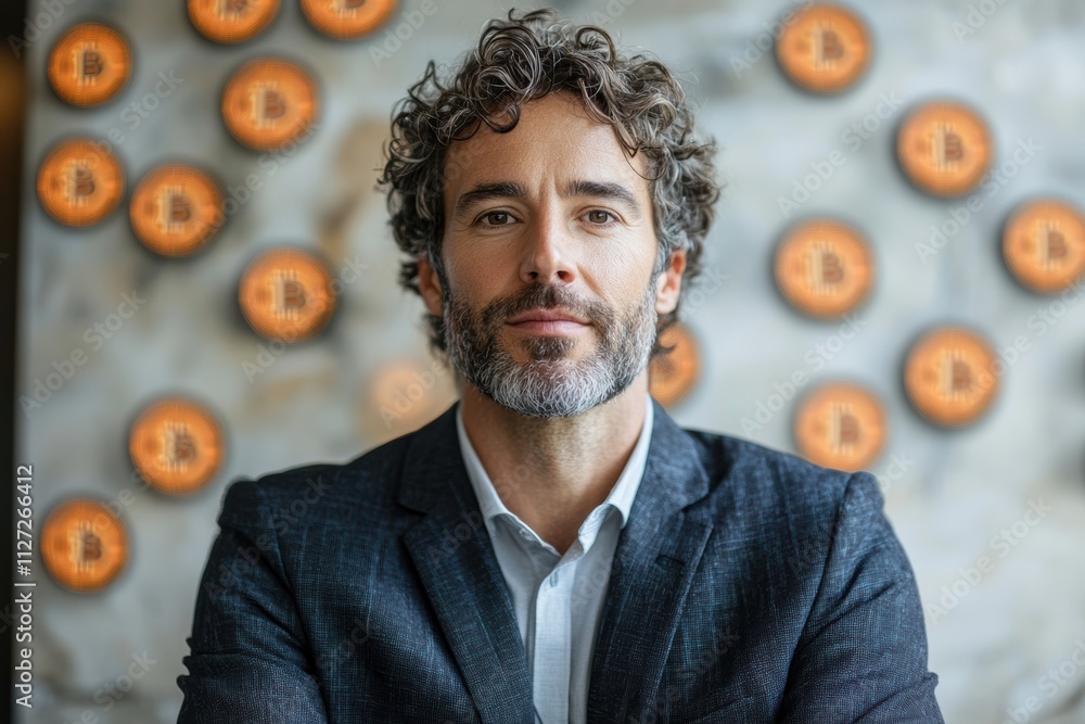 Poster modern cryptocurrency campaign featuring a professional man with floating bitcoin icons.