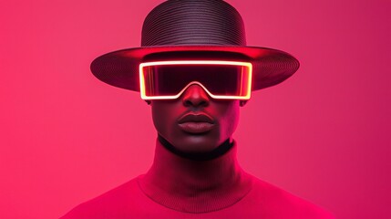 Stylish Man in Neon Glasses Fedora Hat Pink Background Fashion Portrait