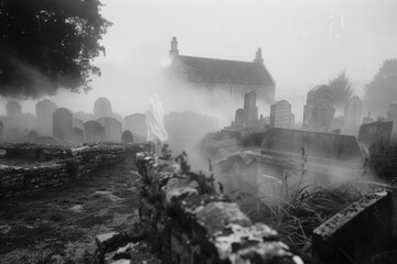 Mysterious figure draped in white walks through a foggy cemetery at dawn, surrounded by gravestones and ancient trees