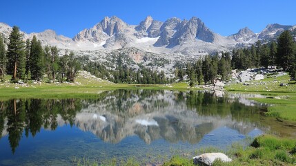 Majestic mountain range reflected in a serene alpine lake.