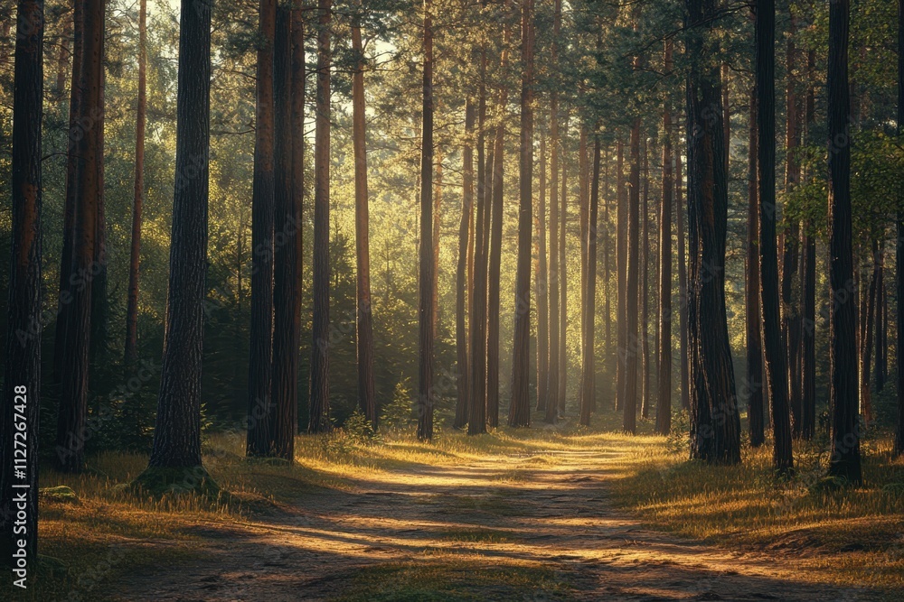 Poster sunlight filters through trees along a peaceful forest path in autumn