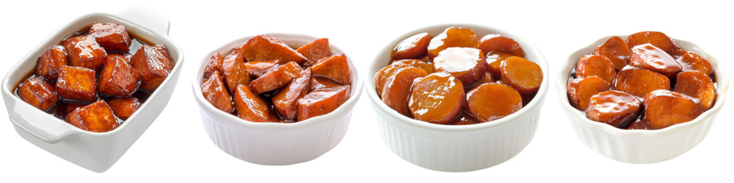 Set of a dish holding baked candied yams with a glossy syrup glaze isolated on transparent background