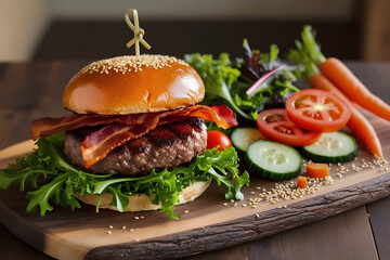 Homemade beef burger with crispy bacon and vegetables on rustic serving board