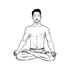 Silhouette of a male human body sitting in a lotus position. Meditating body silhouette illustration isolated on white background design