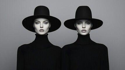 Elegant Twins in Black Hats Fashion Portrait Studio Shot