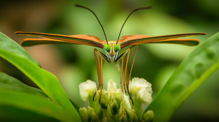 Vibrant butterfly perched on delicate flowers, showcasing intricate wings and striking green eyes, set against a lush, tropical backdrop of nature.