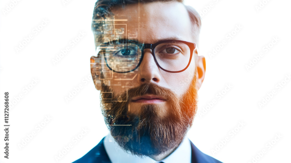 Poster integration of humans and technology: businessman with beard and glasses merging with computer code 