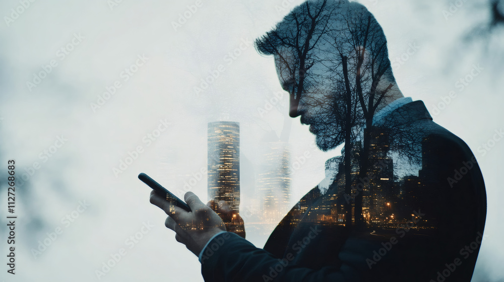 Aufkleber Businessman using smartphone with double exposure city skyline and trees, concept of connection and smart working