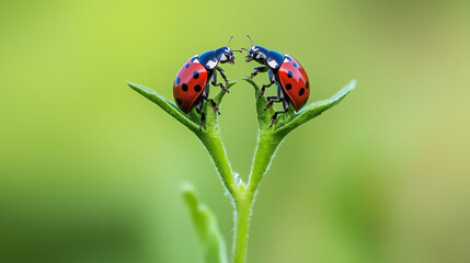 Ladybugs share a tender moment atop a fresh green leaf, showcasing natures vibrant beauty and intricate relationships in a serene garden setting.