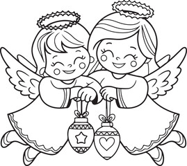 A vector illustration of two floating Christmas angels with a joyful expression, the angel with a heart Christmas theme