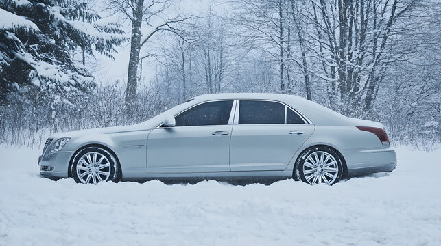 A luxury sedan stuck in deep snow its summer tires spinning uselessly.