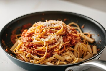 A photo of a closeup shot of freshly made pasta in a pan