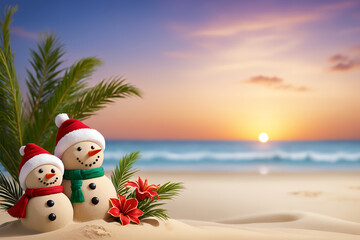 Happy couple of snowmen made of sand on the beach at sunset, hot beach holidays, christmas decoration