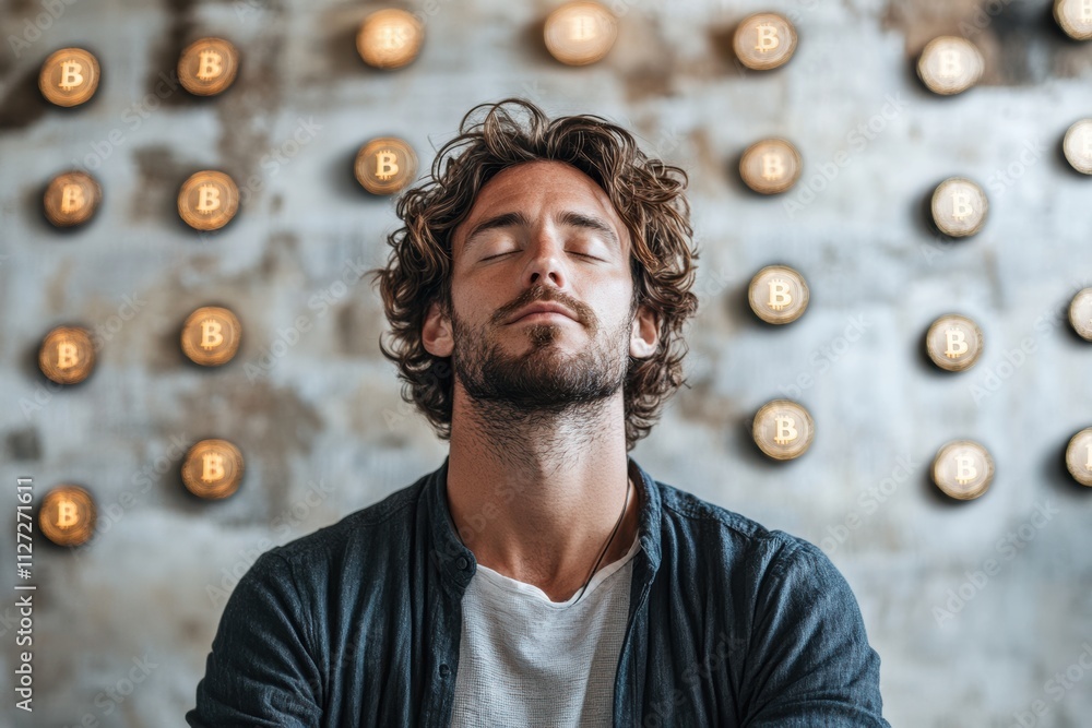 Aufkleber modern man in a contemplative pose with glowing bitcoin tokens floating dynamically around,
