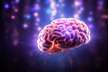 Purple neon human brain showing intelligent thinking, processing through the concept of a neural network circuit of big data and artificial intelligence, thought concept stock illustration image