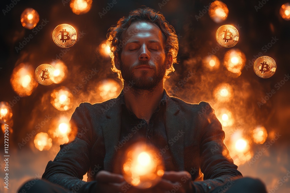 Poster modern man in a contemplative pose with glowing bitcoin tokens floating dynamically around,