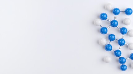 A detailed model of blue and white molecular structures is displayed against a pure white background, designed for educational and scientific presentations with ample whitespace