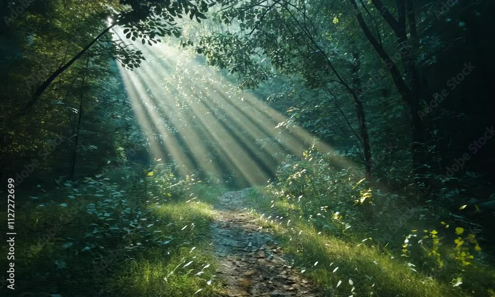 Wall mural serene forest path illuminated by soft sunlight beams.