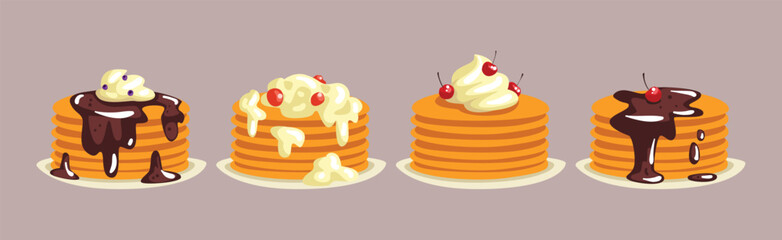 Pancakes with Delicious Toppings for Breakfast on Plate Vector Set