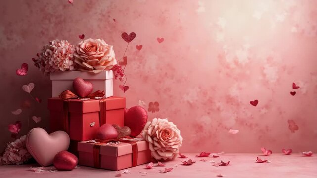 A pink background with a stack of red boxes with hearts on them. The boxes are arranged in a pyramid shape