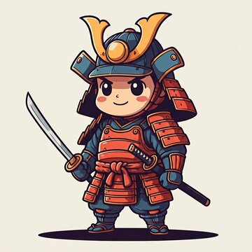 chibi samurai warrior with a small helmet, colorful armor in red and orange, and a shiny katana. The character is posed standing proudly, with large eyes and a small mouth in a cheerful expression. Th