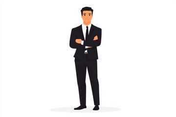 Obraz premium Confident Businessman in Black Suit Standing with Arms Crossed on White Background