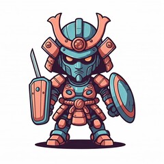 chibi samurai robot with a cute but fierce Oni mask, holding a small shield and katana. The Oni mask has exaggerated features like sharp horns and menacing eyes, but in a charming way. The robot’s bod