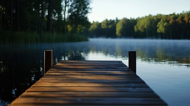 A wooden dock sits on a lake, with a calm and peaceful atmosphere - Powered by Adobe