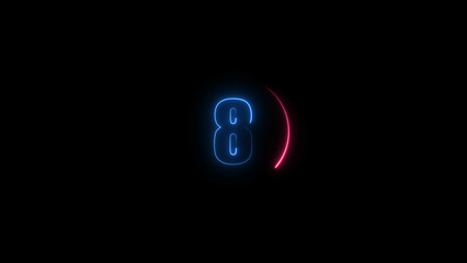eight seconds countdown neon glowing royal blue color 4k illustration on black background. loading magenta red color 4k illustration.