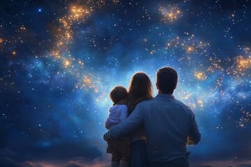 Family Gazing at Starry Night Sky with Glowing Stars and Cosmic Wonders in a Serene Outdoor Setting