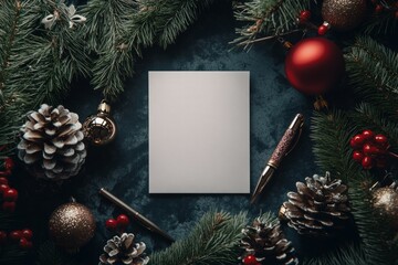 A top down view of a blank Christmas card on a fancy table with a fancy pen, surrounded by Christmas decorations and ornaments