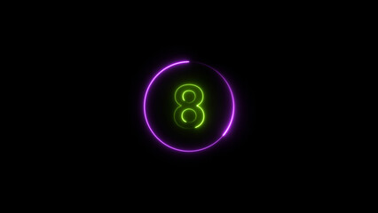 eight seconds countdown neon glowing lime green  color 4k illustration on black background. loading magenta color 4k illustration.