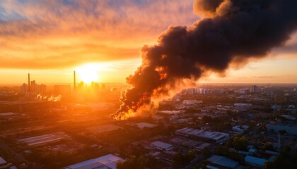 Obraz premium A dramatic sunset scene with thick smoke rising from industrial buildings, highlighting environmental concerns and urban landscapes.