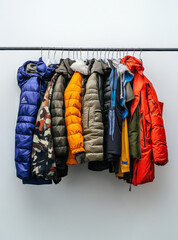 Coats hanging on a rack , isolated on white. Winter clothing, upcycled clothes, store or coat drive. Donation. Used coats on a garment rack. Warm winter clothing. Donate coats for unhoused