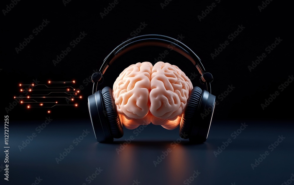 Poster a stylized brain wearing headphones, symbolizing the connection between music and cognitive function