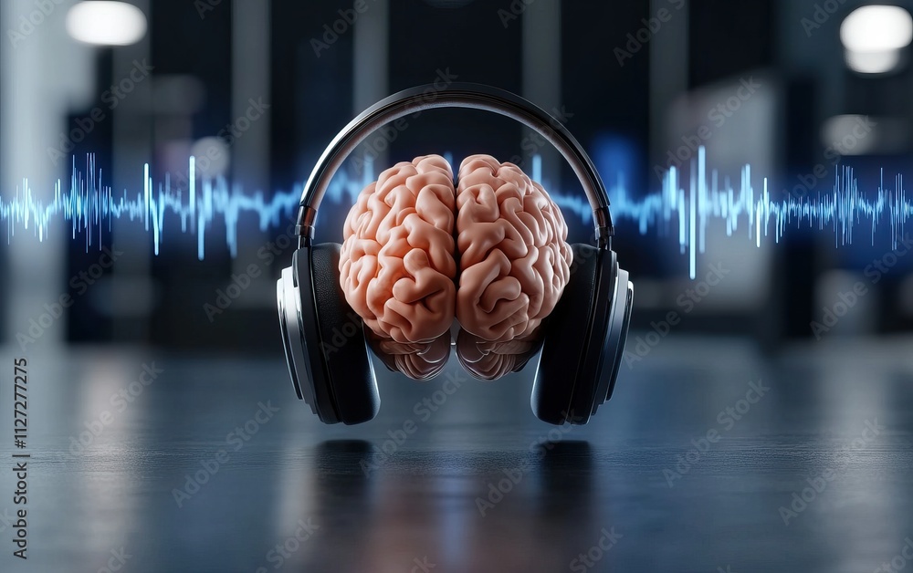 Poster a brain wearing headphones with sound waves, symbolizing the connection between music and cognitive 