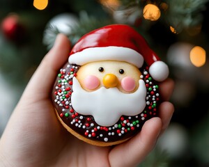 Fototapeta premium A festive Santa-themed cookie decorated with colorful sprinkles, held in a hand against a blurred Christmas backdrop.