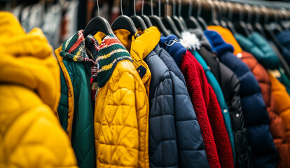 Coats hanging on a rack on hangers. Winter clothing, upcycled closet of clothes, store or coat drive Or donation. Used coats on a garment rack. Warm winter clothing. Donate coats for unhoused