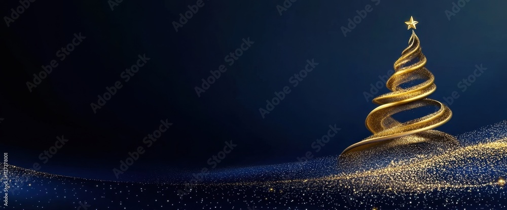 Aufkleber christmas tree with golden christmas decorations on a dark blue background with bokeh lights and cop