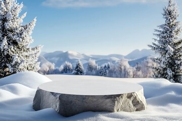 Ice podium background snow winter product platform cold mountain 3D. Podium ice display background cosmetic sky floor blue scene landscape frozen white cool stand pedestal minimal rock glacier nature 