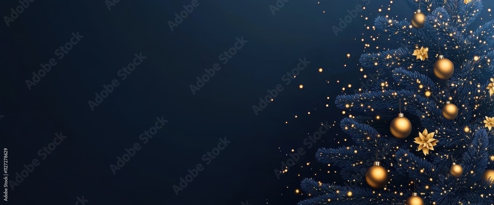 Aufkleber christmas tree with golden decorations on a dark blue background with bokeh lights, banner with spac