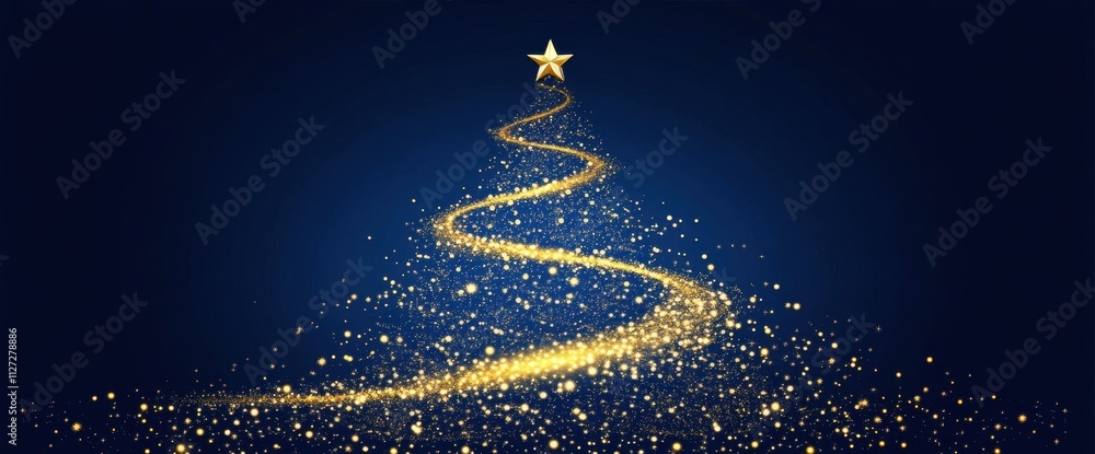 Poster christmas tree with golden decorations on a dark blue background with bokeh lights generative ai