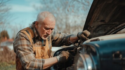 Obraz premium Expert mechanic repairs vintage car under clear blue sky