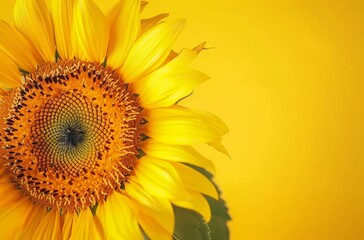 Obraz premium Sunflower on a yellow background, close-up, with copy space. Sunflowers in bloom, with sunshine, in a summer nature landscape. Warm, bright, sunny wallpaper or banner template